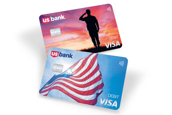 U.S. Bank military debit card designs – Sunrise Salute and American flag.